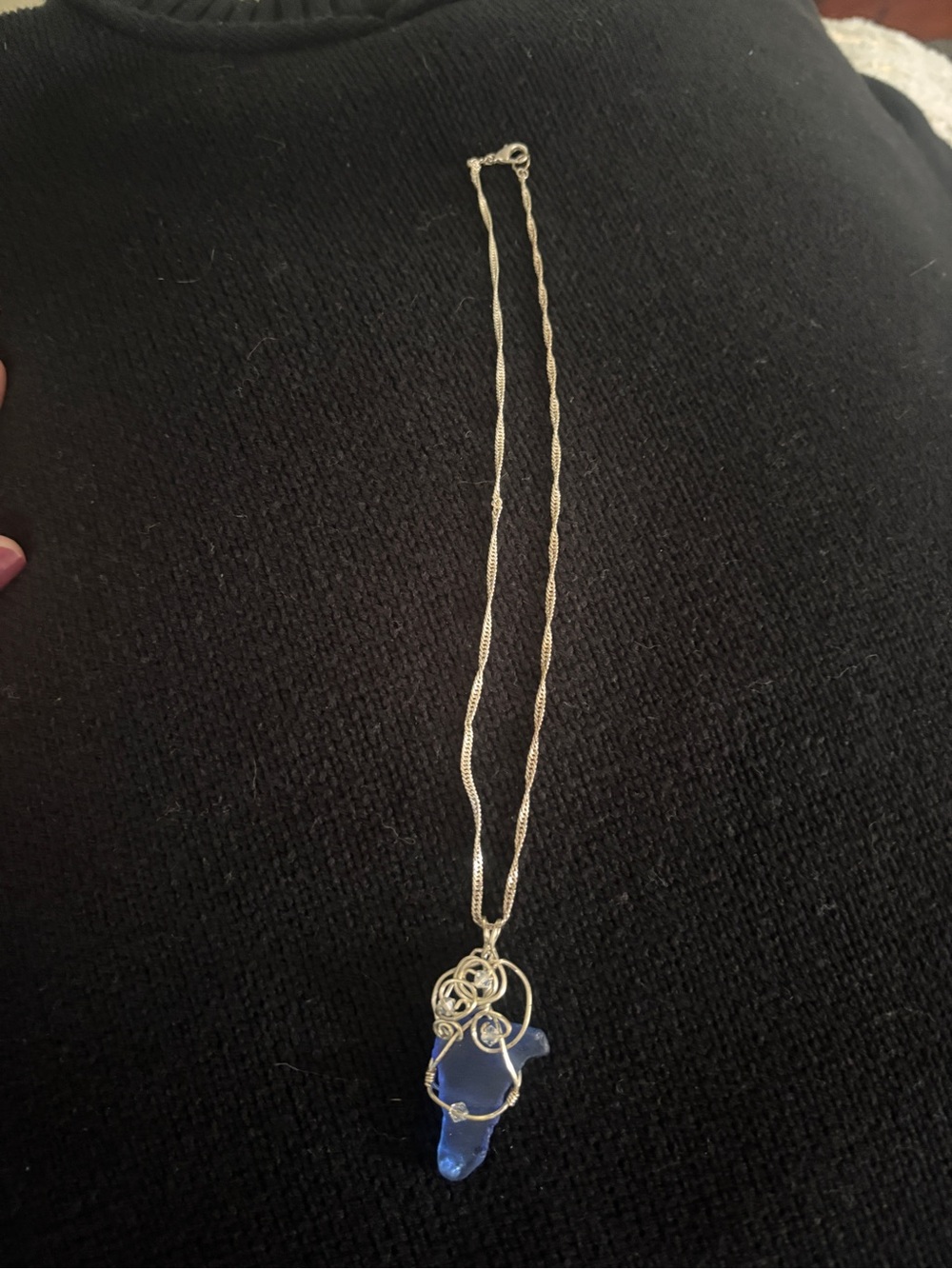 Silver Chain Necklace with Blue Sea Glass Pendant